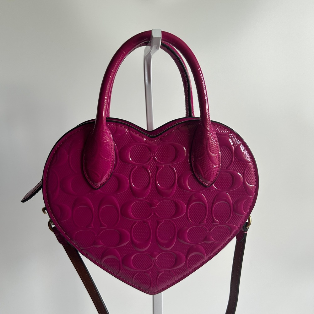 Coach Heart Bag Pink Signature Patent Leather Crossbody CN600 Excellent